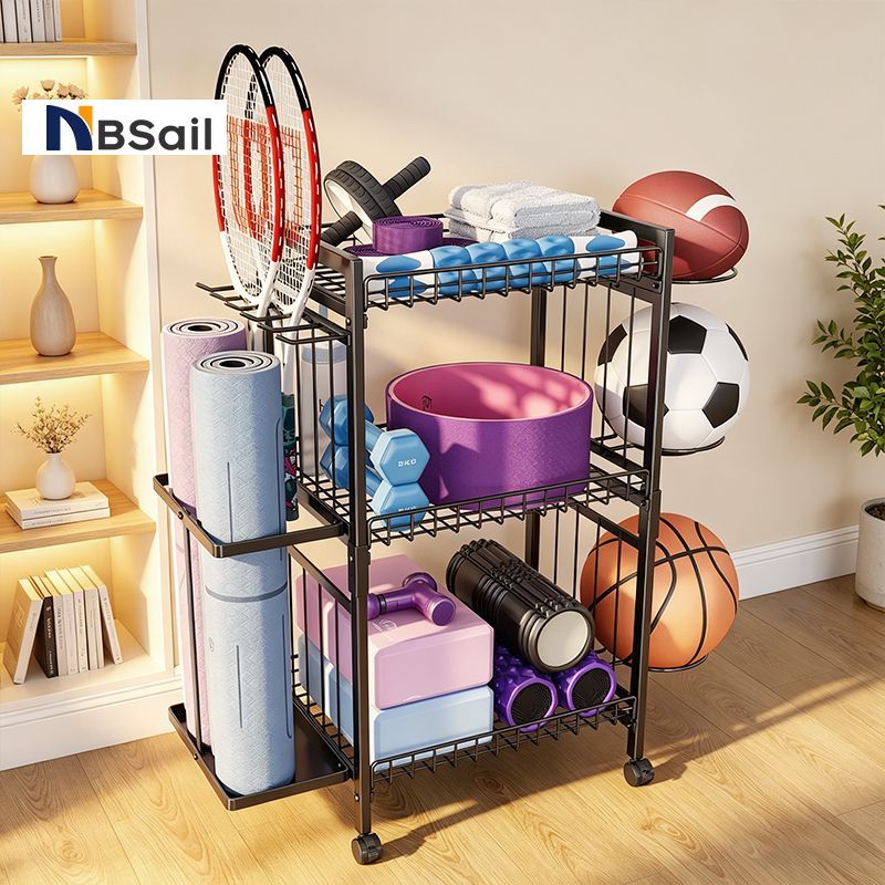 NBSail ชั้นเก็บของในยิมสำหรับงานหนัก 3 ชั้นพร้อมล้อสำหรับเสื่อดัมเบลโยคะและบอล