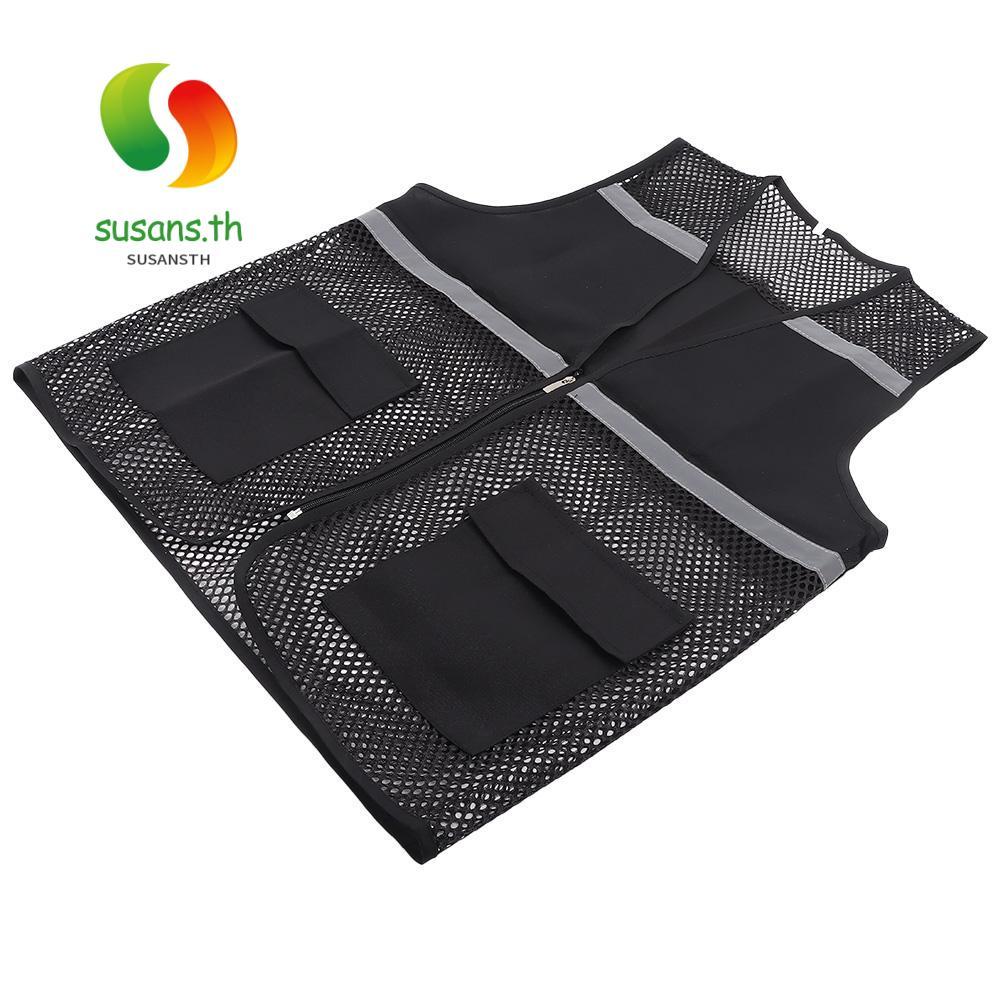 SUSANS พร้อมแถบสะท้อนแสง,เสื้อกั๊กนิรภัยผ้าระบายอากาศสีดํา,สําหรับเสื้อกั๊กเดินสแปนเด็กซ์พร้อมเสื้อกั๊กตาข่ายซิปการก่อสร้างการจราจรรถไฟ Metro คนงาน