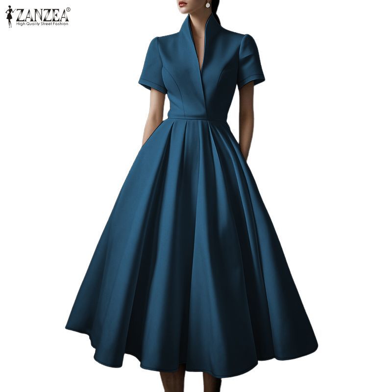 ZANZEA ใส่ ซานเซีย ผู้หญิงวินเทจอย่างเป็นทางการอาชีพคอ โวลต์ แขนสั้นรวบรวมเอวธรรมดา ฉlare ก-แกว่ง ชุด