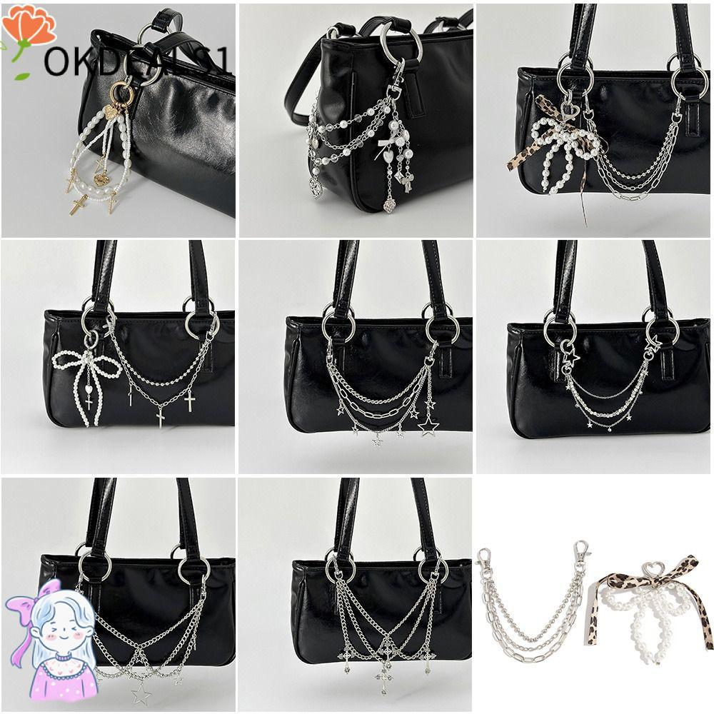 DEALSHOP กระเป๋าถือ Charm, กระเป๋าโซ่โลหะหลายชั้น, อุปกรณ์เสริมกระเป๋าสไตล์ Y2k Star Pearl DIY พวงกุญแจลูกปัดอะคริลิค