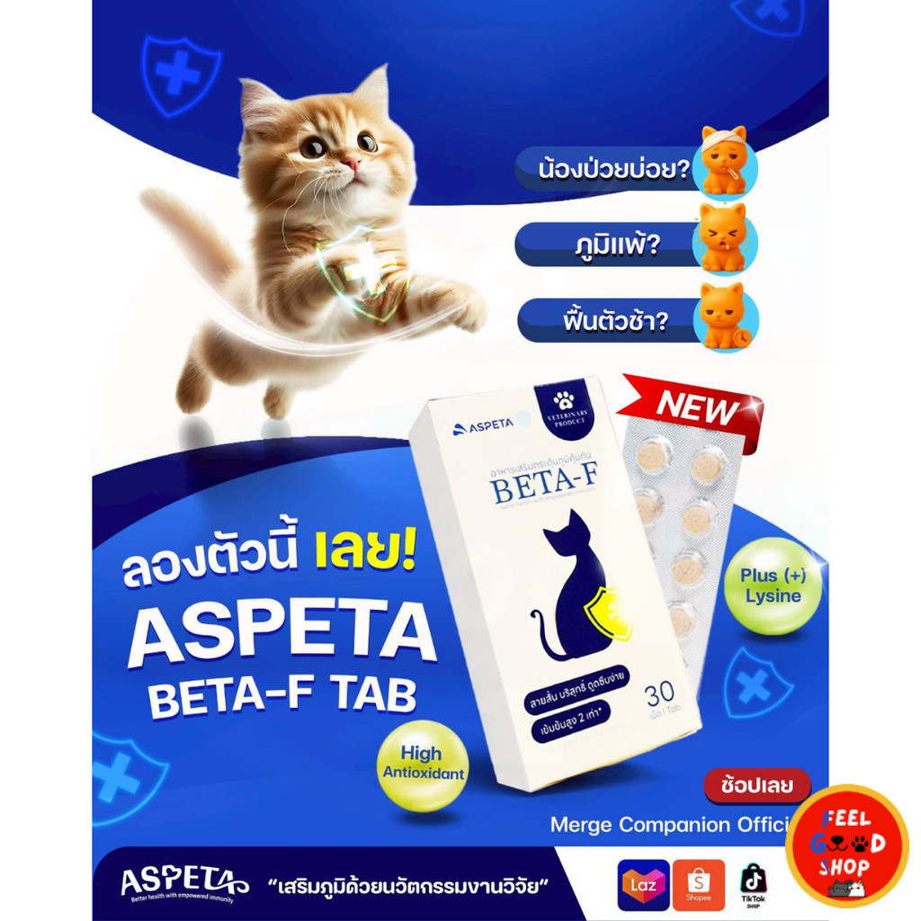 ASPETA BETA-F (30 เม็ด) อาหารเสริมกระตุ้นภูมิคุ้มกัน สำหรับน้องหมาน้องแมว (exp 15/09/26)
