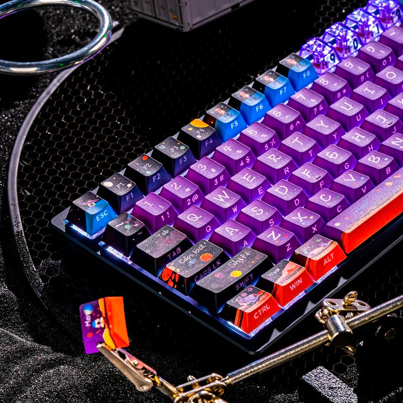 135-Key Purple Keycap UnknownStarrySkyCherryPbtPc2.25/2.7587 U Space Key ตัวอักษรด้านข้างโปร่งแสง Al