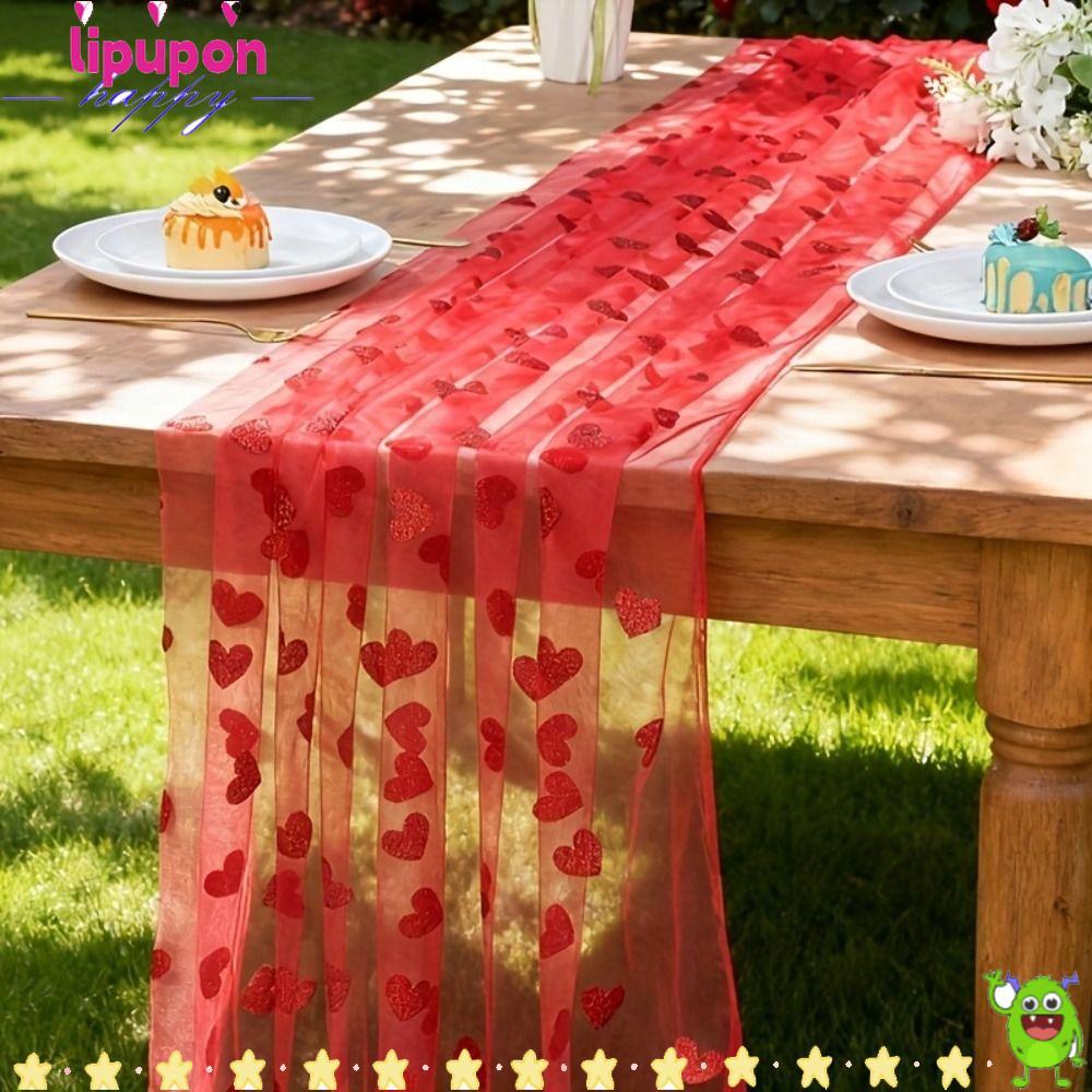 LIPUPON ผ้าปูโต๊ะวันวาเลนไทน์,ตกแต่งบ้าน 2x1.5m Heart Gauze Table Runner,คุณภาพสูงโรแมนติกตกแต่งโต๊ะ