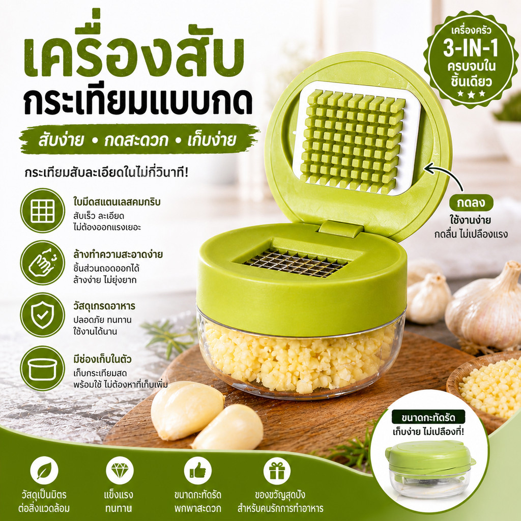 สแตนเลสกระเทียมกด & Mincer - เครื่องมือห้องครัวมัลติฟังก์ชั่นพร้อมกล่องเก็บ, Push-Down Mini Chopper สําหรับกระเทียมง่าย, Ginger & Chili Prep