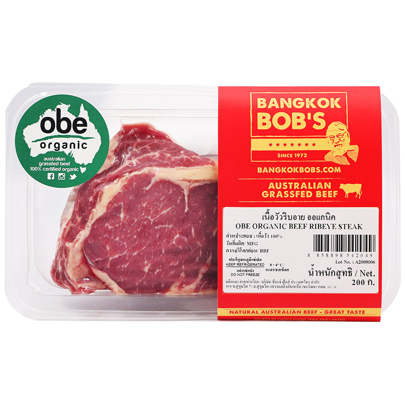 โอบีอีเนื้อวัวริบอายออแกนิค 200กรัม OBE Organic Beef Ribeye Steak 200g. [หมายเลขบาร์โค้ด 88588985420