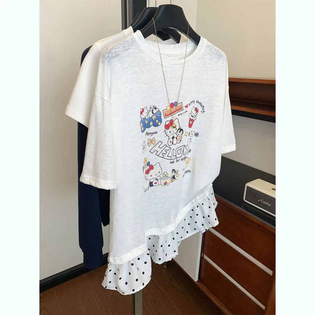 ผู้หญิงคิตตี้พิมพ์จุดแพทช์เสื้อยืดแฟชั่นฤดูร้อนแขนสั้นสบายๆที