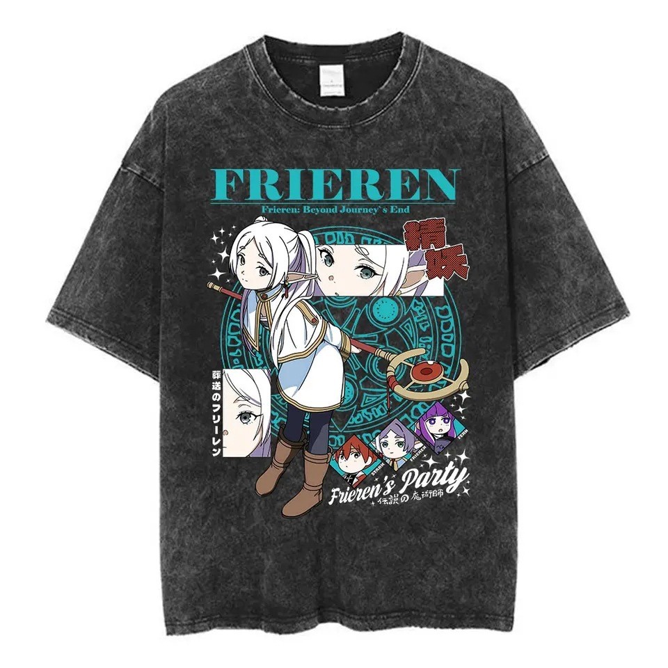 [มีสินค้า] เสื้อยืดแขนสั้นผ้าฝ้ายแท้สไตล์วินเทจสำหรับผู้ชาย ลายอนิเมะ Frieren: The End of the Journey เฟิร์น ฟรีเรน