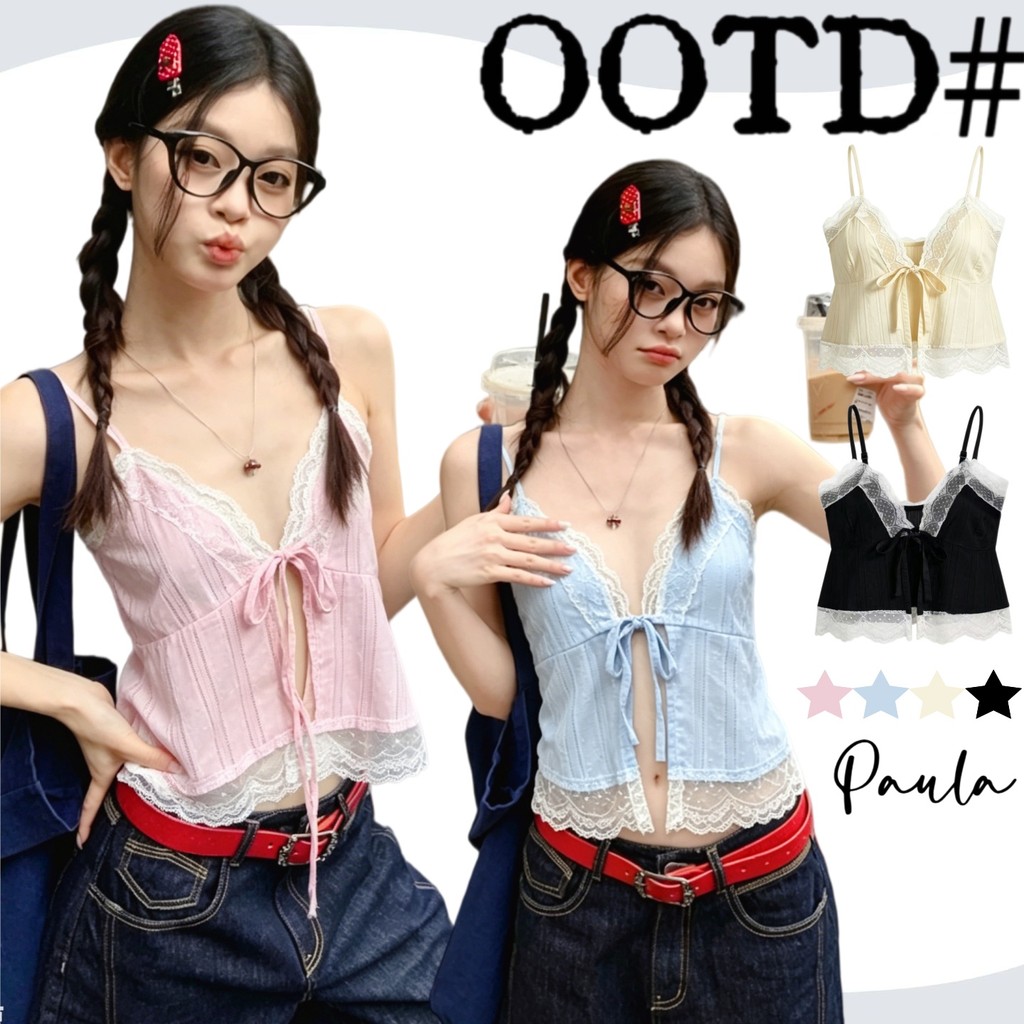 Paula พร้อมส่ง🌴เสื้อสายเดี่ยวลูกไม้🌴ทรงครอปแต่งโบว์หน้า-หลัง ลูกไม้ระบายล่าง สไตล์เซ็กซี่น่ารัก ผู้หญิงสายแฟ