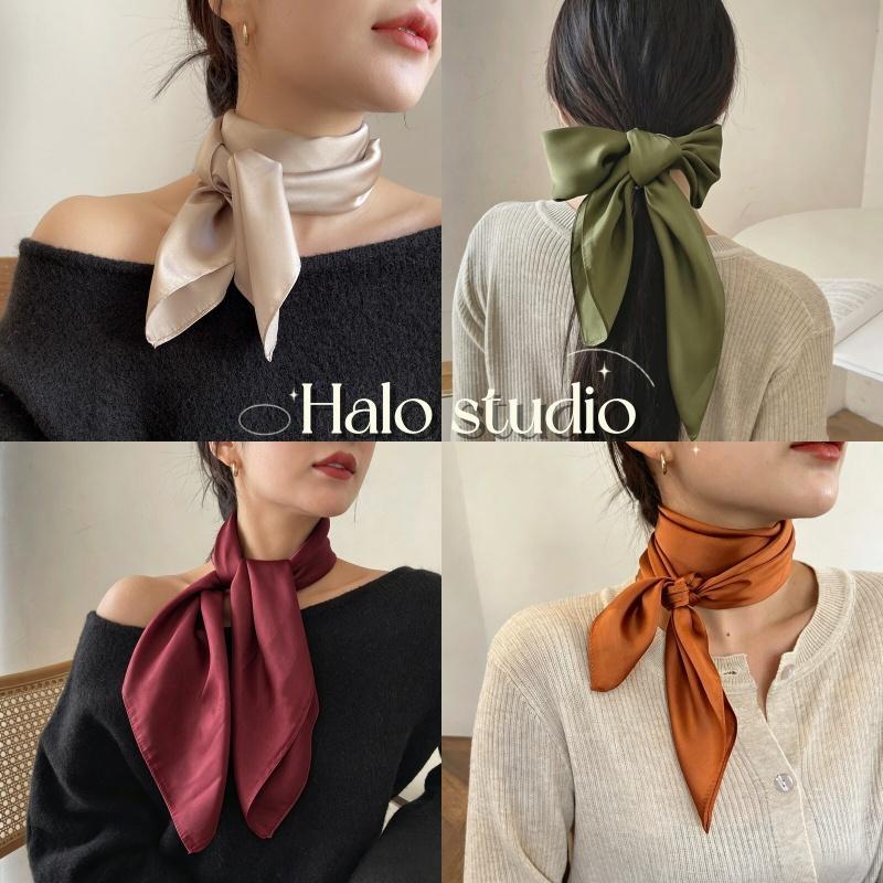 Halo studio พร้อมส่ง🔥 ผ้าพันคอไหมสีพื้น ขนาด 70*70 ซม. สไตล์ใหม่ปี 2026 หรูหรา เบา และมีระดับ