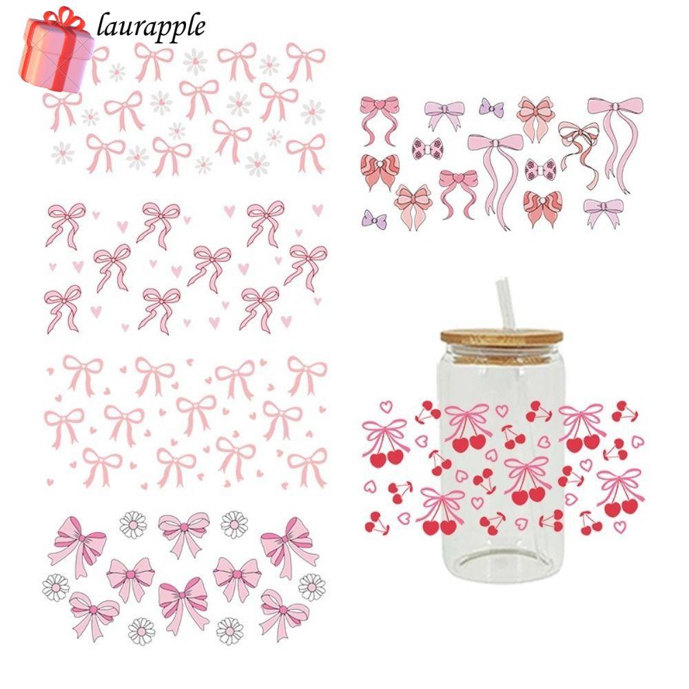 LAURAPPLE Wrap Stickers, กันน้ํา Smooth UV DTF, Diy Pink Bow Decals สําหรับถ้วยแก้ว 16Oz
