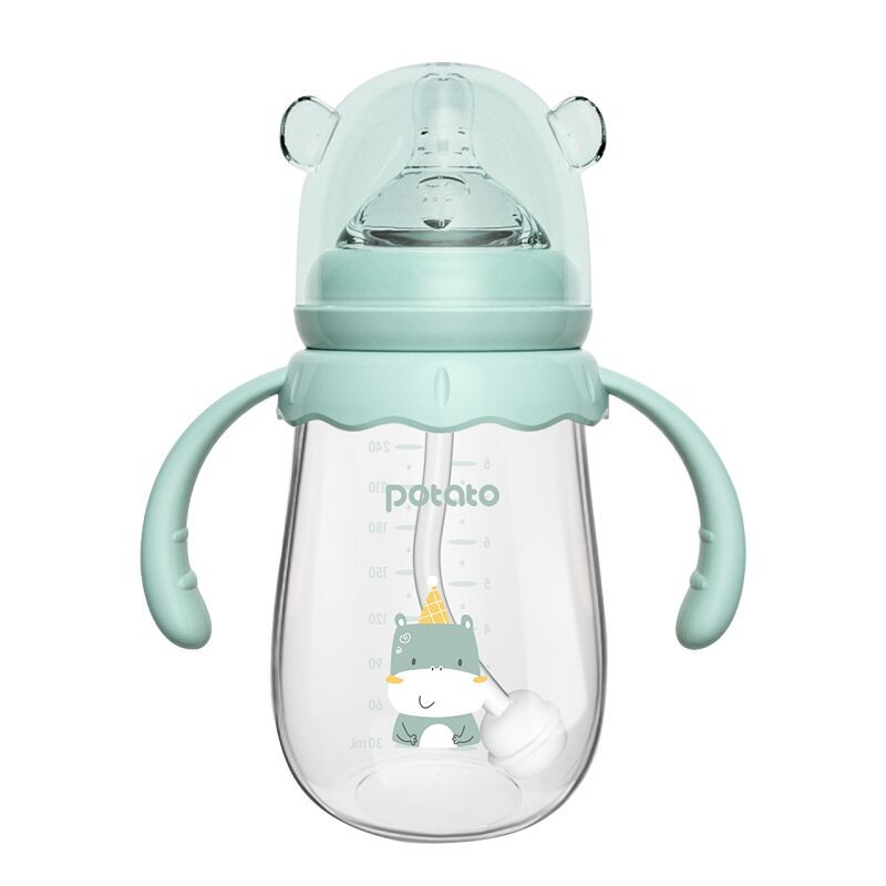 ขวดนม ขวดนมสีชา Potato/Small Potato Baby Glass Baby Bottle with Straw Baby Bottle with L Size Nipple
