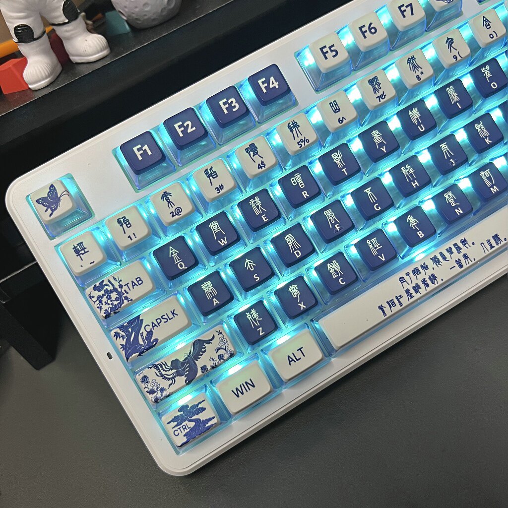 Blue White Porcelain Four-Sided Transparent Keycap PBT Sublimation Side Transparent Support wooting6