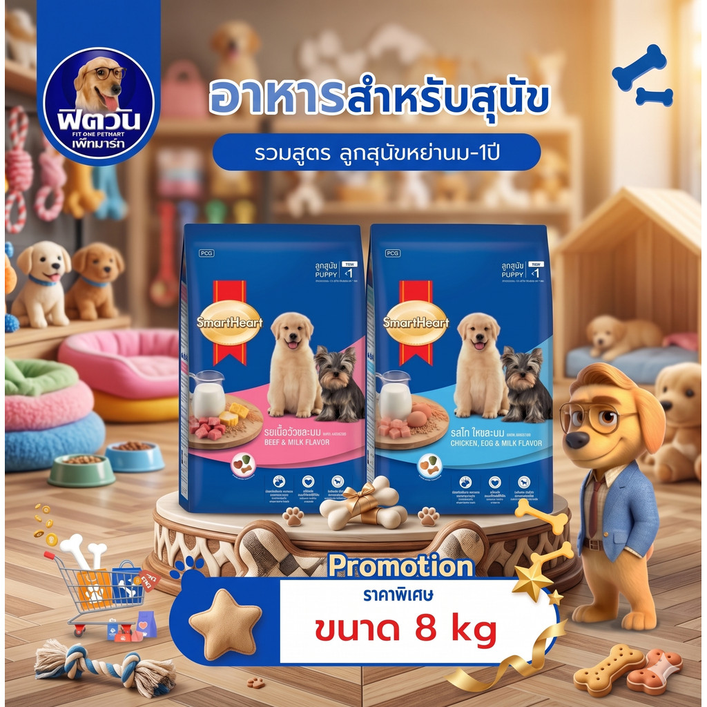 SmartHeart Blue อาหารสำหรับ ลูกสุนัขทุกสายพันธุ์ ขนาด 8 กิโลกรัม{อาหารสุนัขเม็ด}