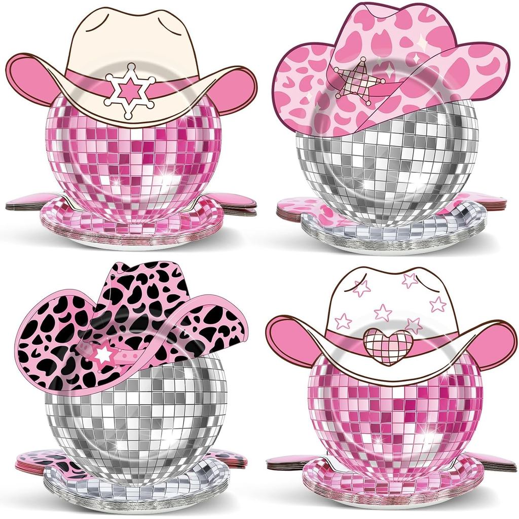 48 ชิ้น Western Cowgirl Party แผ่นกระดาษวัวพิมพ์ Party Supplies สีชมพู Disco Ball ทิ้งขนมสําหรับ Cow