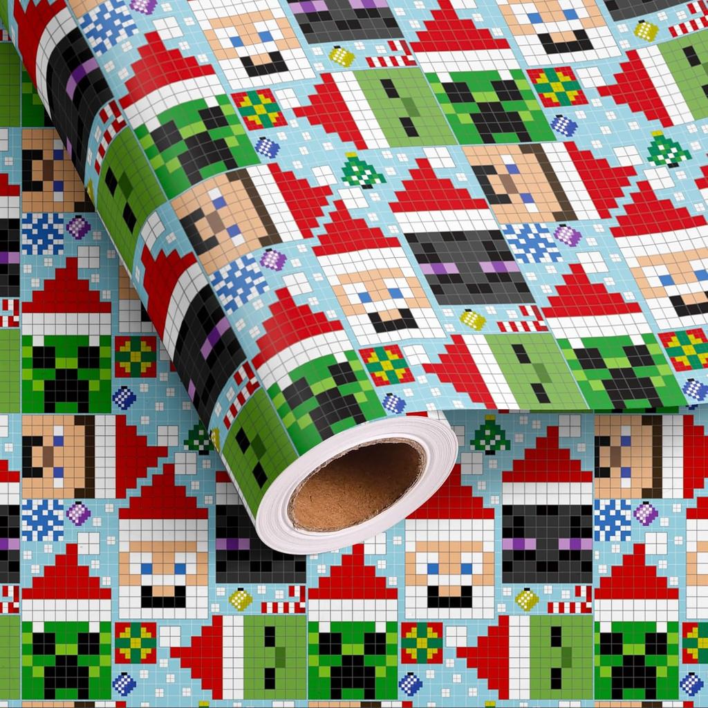 YHNNH Pixel Art คริสต์มาสกระดาษห่อม้วน, Pixel Art Santa Hat ตัวอักษรการออกแบบ - กระดาษห่อวันหยุดแสนส