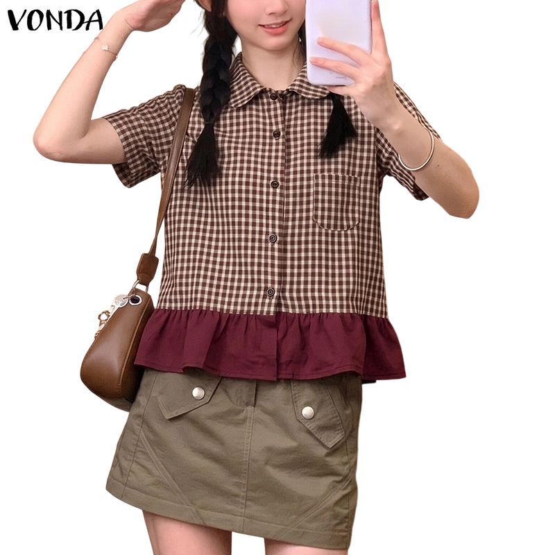 VONDA เสื้อผ้าสไตล์เกาหลีสำหรับผู้หญิง ลายสก๊อตวินเทจ แขนสั้นและขอบกระโปรงห่อนิ่มน่ารัก