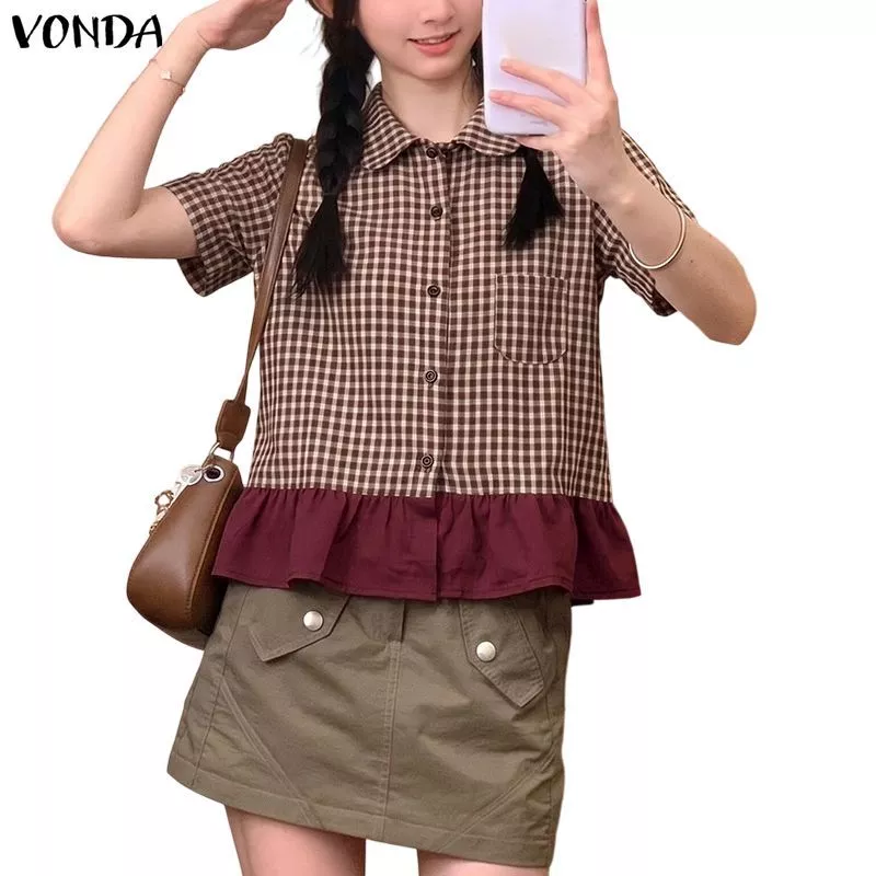 VONDA เสื้อผ้าสไตล์เกาหลีสำหรับผู้หญิง ลายสก๊อตวินเทจ แขนสั้นและขอบกระโปรงห่อนิ่มน่ารัก