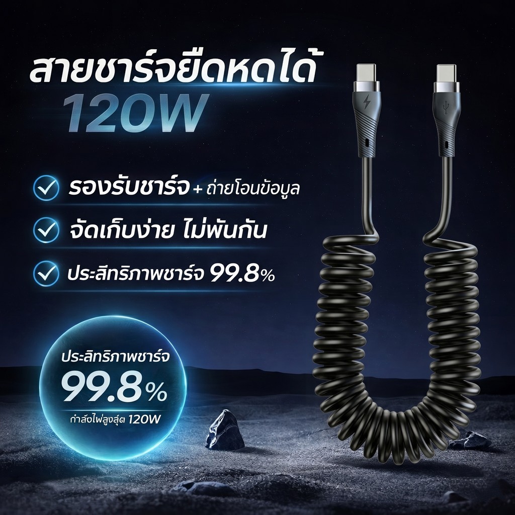 สายชาร์จในรถ 120W แบบสปริง Fast Charge จัดเก็บง่าย ทนทาน รองรับ Type-C / iOS / Micro USB ความยาว 1m/2m