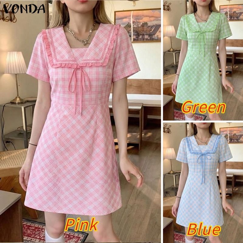 VONDA ผู้หญิงเกาหลีหวานสไตล์วิทยาลัยปกแขนสั้น Tie-Up Bows ลายสก๊อต A-Line ชุดเดรสสายเดี่ยว — صورة 3