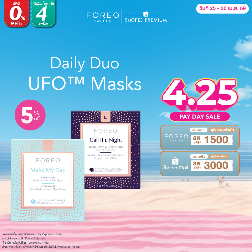 FOREO UFO Masks Daily Duo x 7 ฟอริโอ้ ยูเอฟโอมาส์ก สูตรกลางวัน และ กลางคืน (7 ซอง/กล่อง)