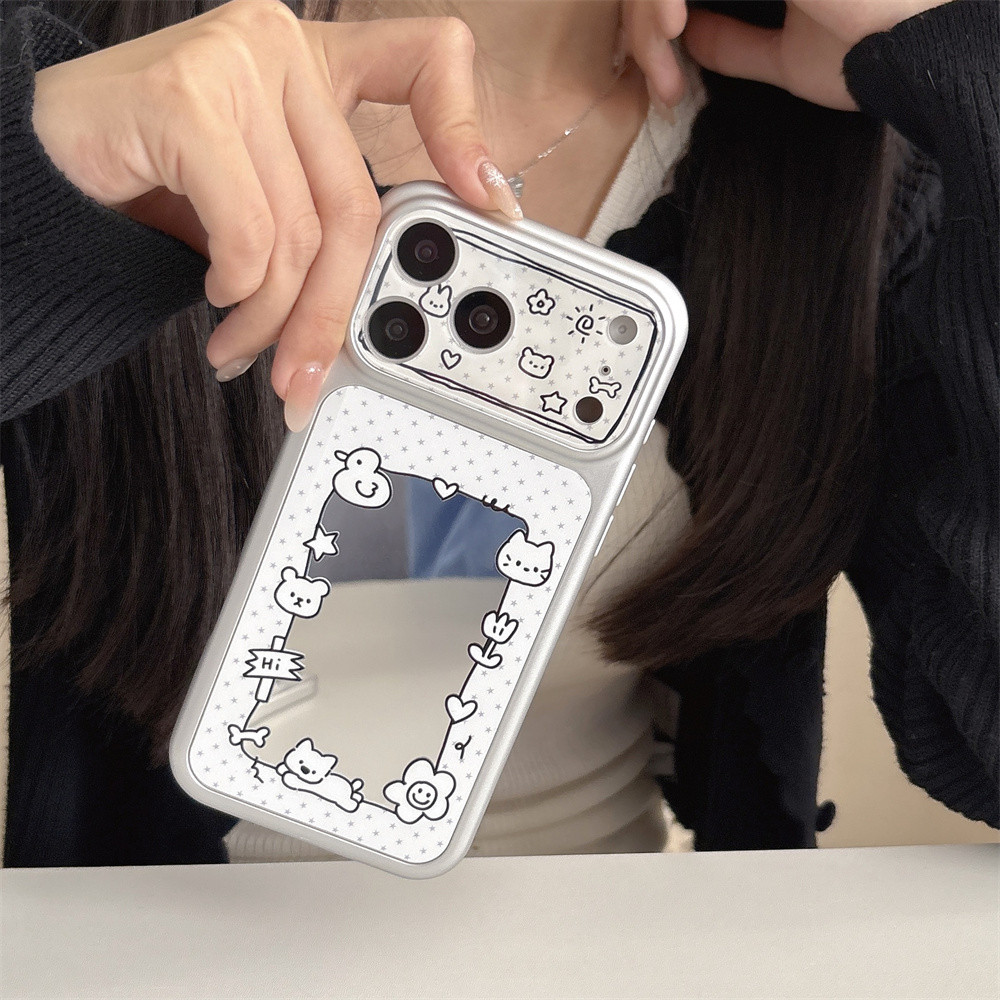 Insน่ารักGraffitiสายสีดําดอกไม้ลูกแมวiPhone 17 Mirror Case 15 Pro Max Premium Feel anti Drop Protect