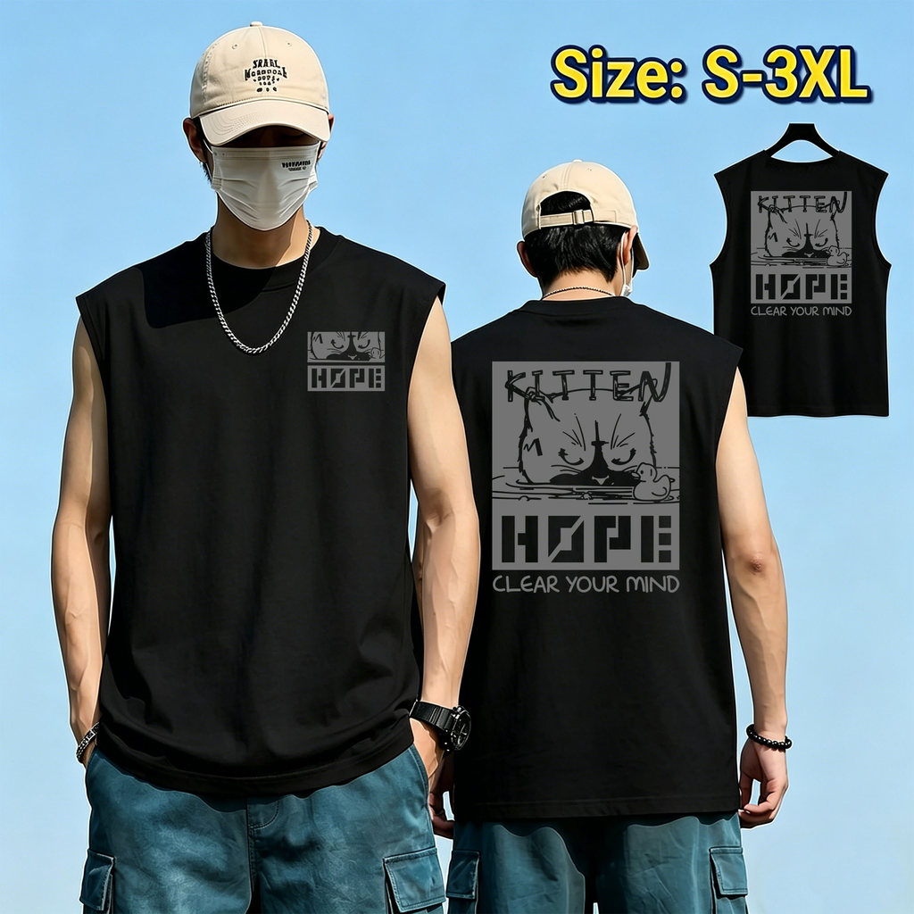Sea.Tee เสื้อแขนกุด oversize ผ้าCotton100% เสื้อวินเทจ sleeveless vest ใส่สบาย 'HOPI cat' 3XL