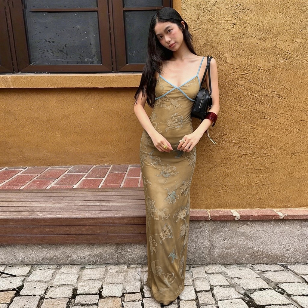 Klalien Vintage Flower Maxi Dresses เซ็กซี่คอวีรูปเอวผู้หญิงหรูหราสไตล์จีนใหม่