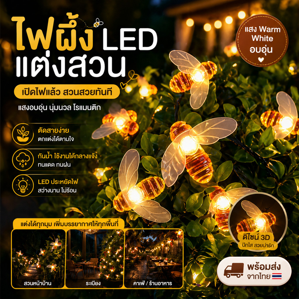รุ่นใหม่ ไม่ต้องใส่ถ่าน Solarcell ไฟประดับ 20 / 50 LED ผึ้งน้อย มหัศจรรย์ Warm White มีสวิตส์ เปิด-ปิด ปรับได้ 8 จังหวะ