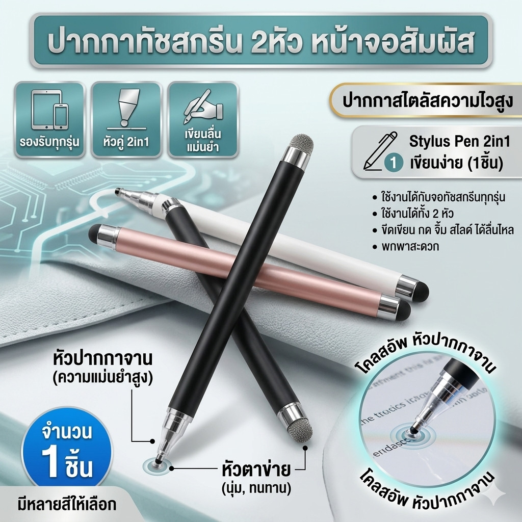 ปากกาทัชสกรีน 2หัว หน้าจอสัมผัสแบบหัวคู่ ปากกาสไตลัสความไวสูง Stylus Pen 2in1 2หัว เขียนง่าย (1ชิ้น)