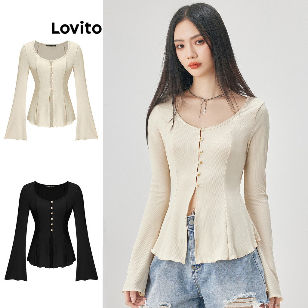 Lovito เสื้อยืดลําลองเสื้อยืดรัดตัวด้านหน้าปุ่มอสมมาตรธรรมดาสําหรับผู้หญิง L52AD153 (หลากสี)
