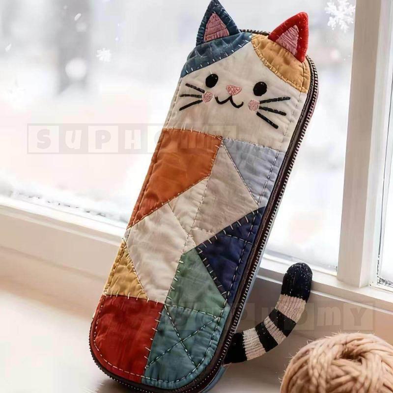 กล่องดินสอผ้าแมวน่ารัก Patchwork กระเป๋ามัลติฟังก์ชั่นสําหรับเดินทางโรงเรียนและที่เก็บของอุปกรณ์ศิลปะที่สร้างสรรค์