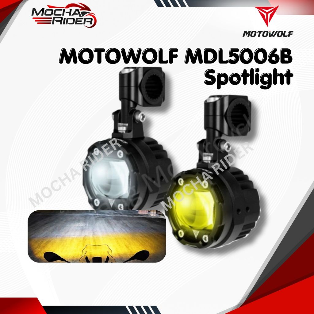 MOTOWOLF MDL5006B สปอตไลท์รถจักรยานยนต์ 7000LM สีคู่สีเหลืองสีขาว 6 โหมดกันน้ําอัลลอยด์ที่อยู่อาศัย 