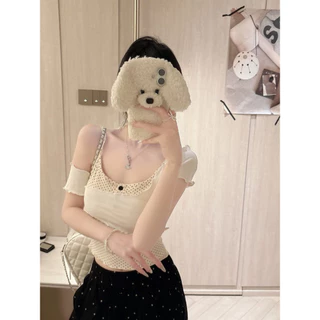 Vogue🌟พร้อมส่ง🌟 เสื้อสายเดี่ยวลายจุด+ปาดไหล่ ได้2ชิ้น แต่งกระดุมขนาดพอดีตัว (FY5052)