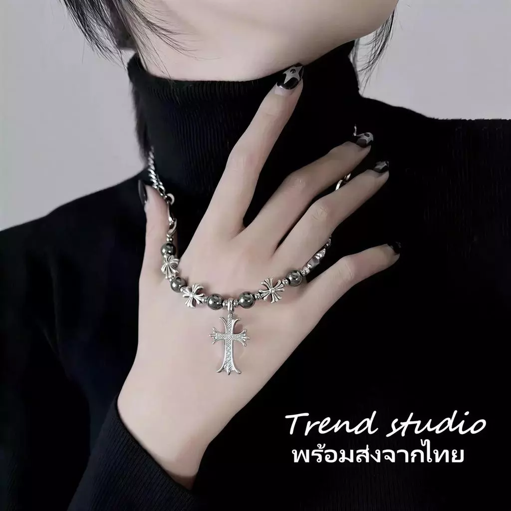 สร้อยคอแฟชั่น สร้อยคอรูปไม้กางเขน สร้อยคอดีไซน์รูปไม้กางเขนและลูกปัด พร้อมส่งจากไทย