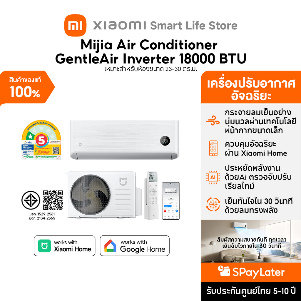 Xiaomi Mijia แอร์ Air Conditioner GentleAir EGAT ขนาด 18000 BTU ประหยัดไฟเบอร์ 5 ระดับ 1 ดาว โหมด AI