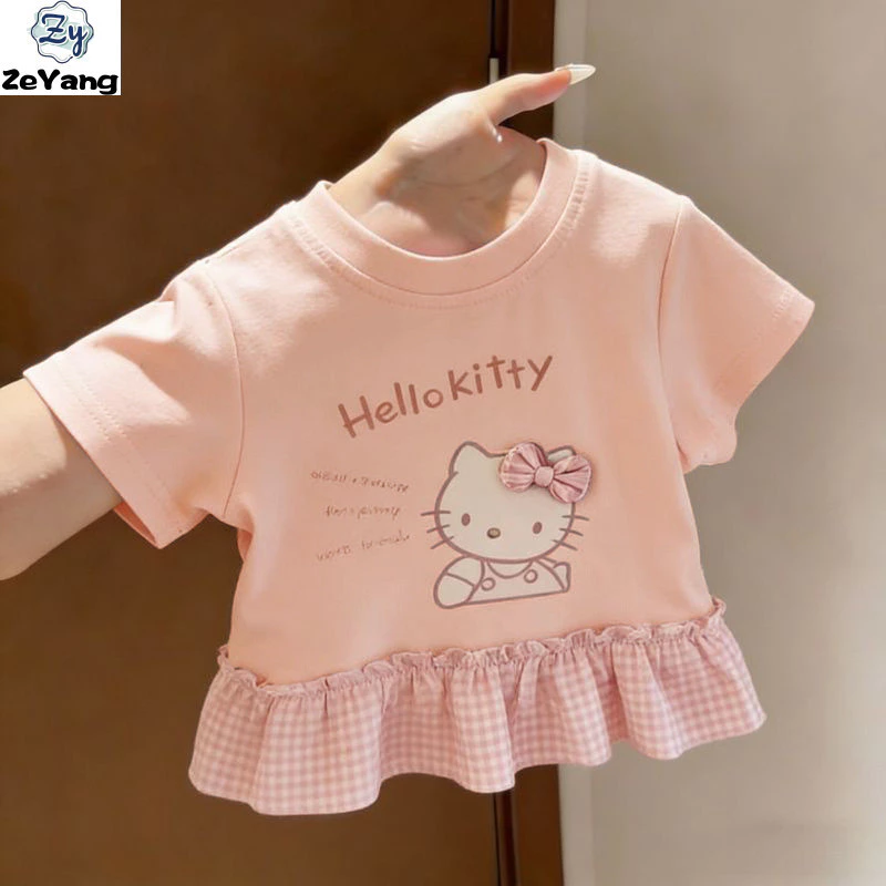 [ZY] 80-130 พร้อมสต็อกเด็กเสื้อยืดแขนสั้นลําลองสีชมพู Ruffled ลายสก๊อต T หญิงน่ารัก Bottoming เสื้อการ์ตูน All-Match Top เสื้อผ้าเด็กแฟชั่น Fast Shipping