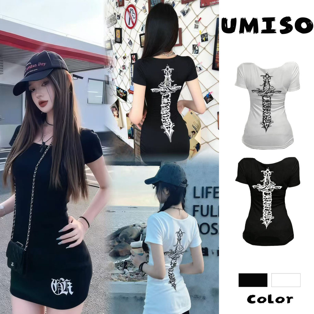 UMISO ส่งไวจากไทย เสื้อแขนสั้น ลายกางเขน อเมริกันสไตล์ น่ารักเซ็กซี่ ใส่แล้วดูดี