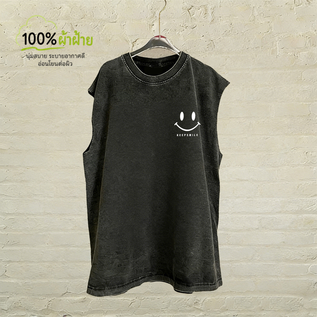 UT shop แขนกุด เสื้อกีฬา oversize ผ้าCotton 100% สบายและนุ่ม หลวม เสื้อแขนกุด 'Smile KEEPSMILE' 3XL