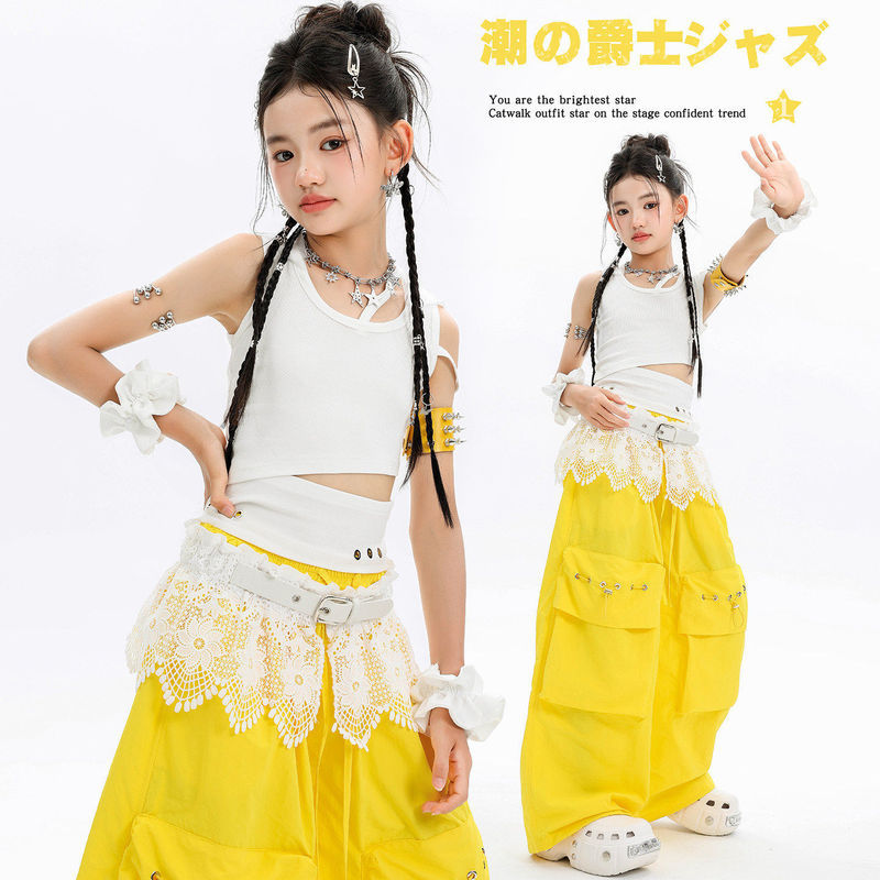 พร้อมสต็อก100-175เซนติเมตรแจ๊สแดนซ์สาวประสิทธิภาพเครื่องแต่งกายเด็กสาวร้อนสไตล์สีขาวคลุมด้วยผ้าเสื้อกั๊กสดใสสีกางเกงสูทฤดูร้อนแจ๊สสวมประสิทธิภาพเครื