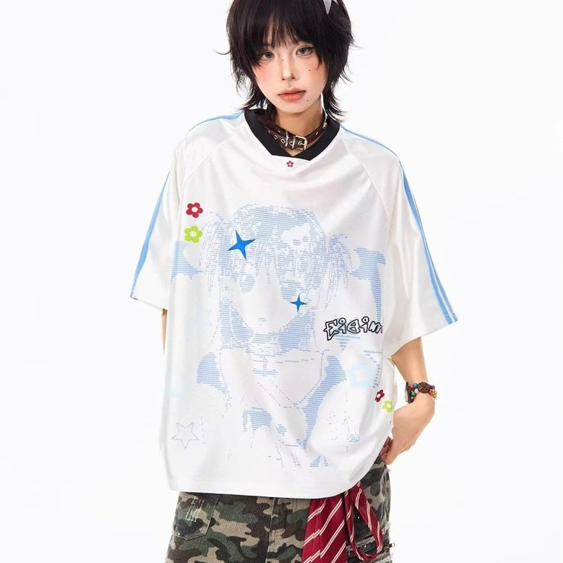 Trail Echo Jersey เสื้อยืดแขนสั้นคอวีหลวมสบายๆ Y2g Millennium สไตล์ Top