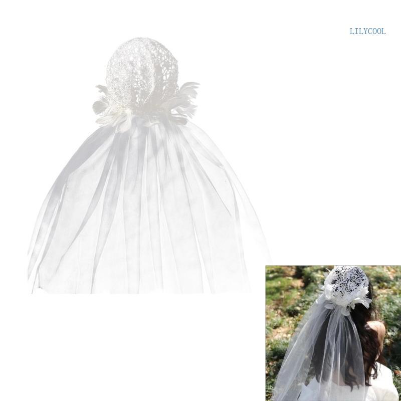 CH ผ้าคลุมหน้าเจ้าสาวเจ้าสาวเจ้าสาวหมวก Ellaborate Veil Headscarf Feather สีขาว Bachelorette Party เ