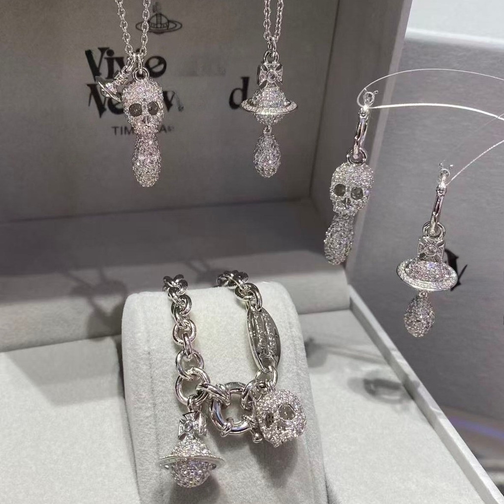 VW มาใหม่ล่าสุด Full-Pave Crystal Openwork Skull Saturn สร้อยคอ, ต่างหูสร้อยข้อมือ