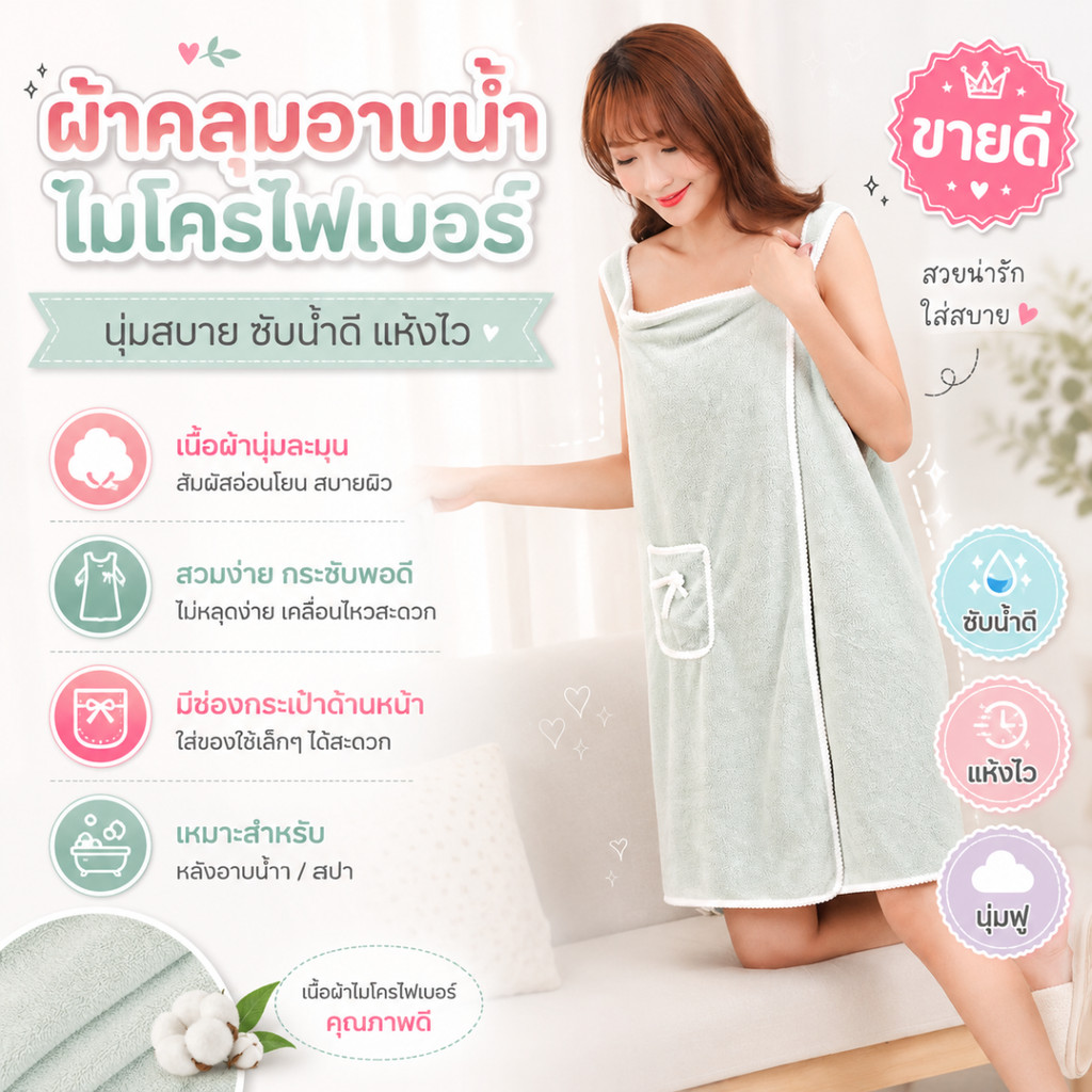 Hithome ผ้าคลุมอาบน้ำ ผ้าขนหนูสวมใส่ได้ ผ้าเช็ดตัวนาโน ซับน้ำดี แห้งไว สไตล์เกาหลี มีสายคล้องไม่หลุดง่าย
