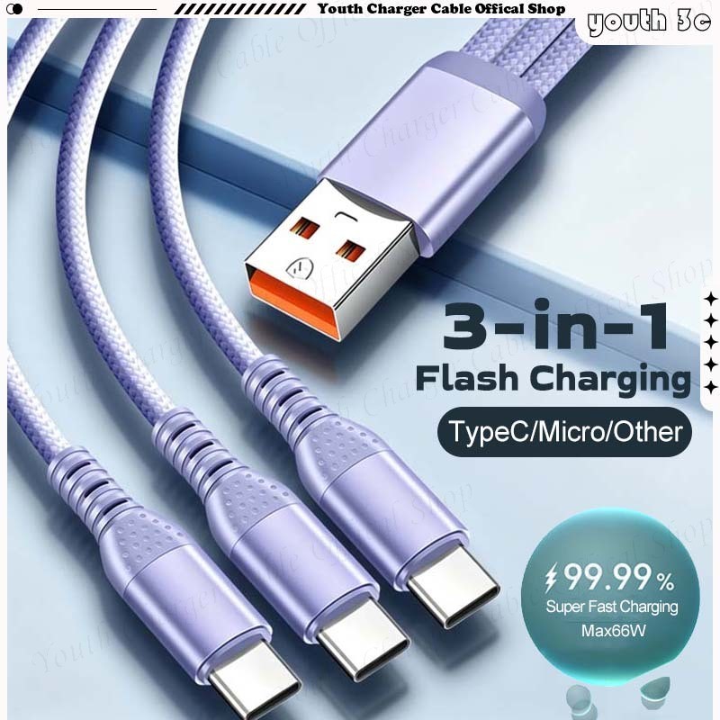 3-in-1 USB/USB-C ถึง USB-L/Type C/Micro ถักสายชาร์จข้อมูล 66W แฟลชสายชาร์จ Multi-function 6A สายชาร์จโทรศัพท์รองรับการถ่ายโอนข้อมูล