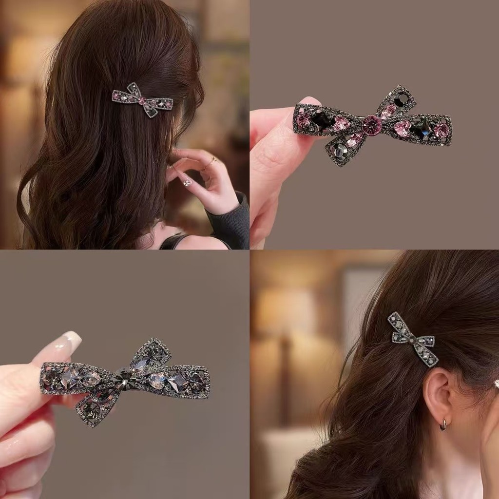 Rhinestone สีดํา Bow Duckbill คลิปหรูหรา Rhinestone กิ๊บติดผมคลิปด้านข้าง High-End หญิง Hairpin
