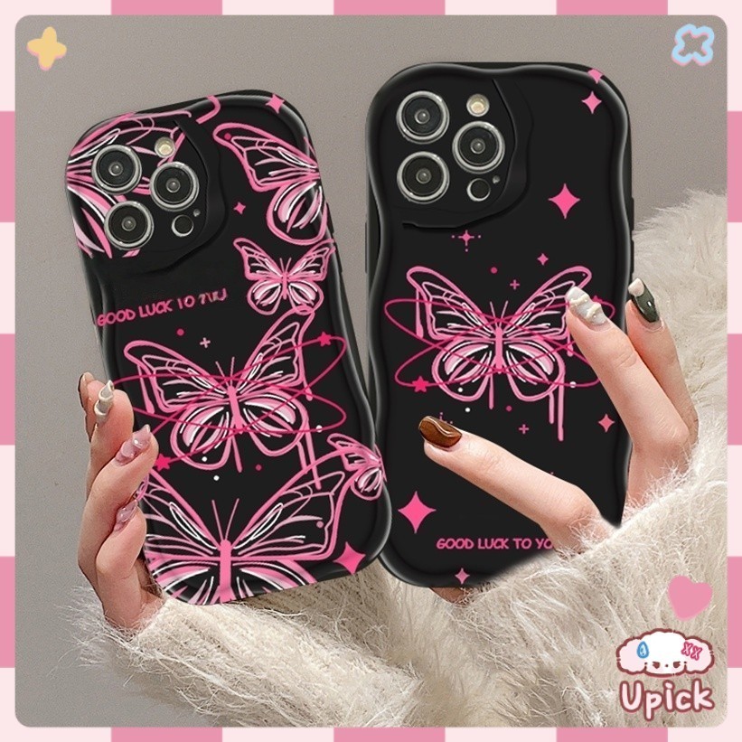 Upick- เคสโทรศัพท์มือถือ เคสโทรศัพท์ Wave Black Butterfly ฝาหลังป้องกันแบบนิ่ม เคส For iPhone 16 17 