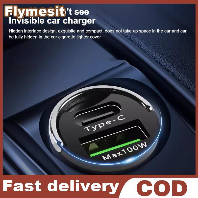 Flymesit Mini Car Charger USB Type C 100W Fast Charge Dual Port Compact Adapter สําหรับโทรศัพท์แล็ปท็อปในรถยนต์ EN