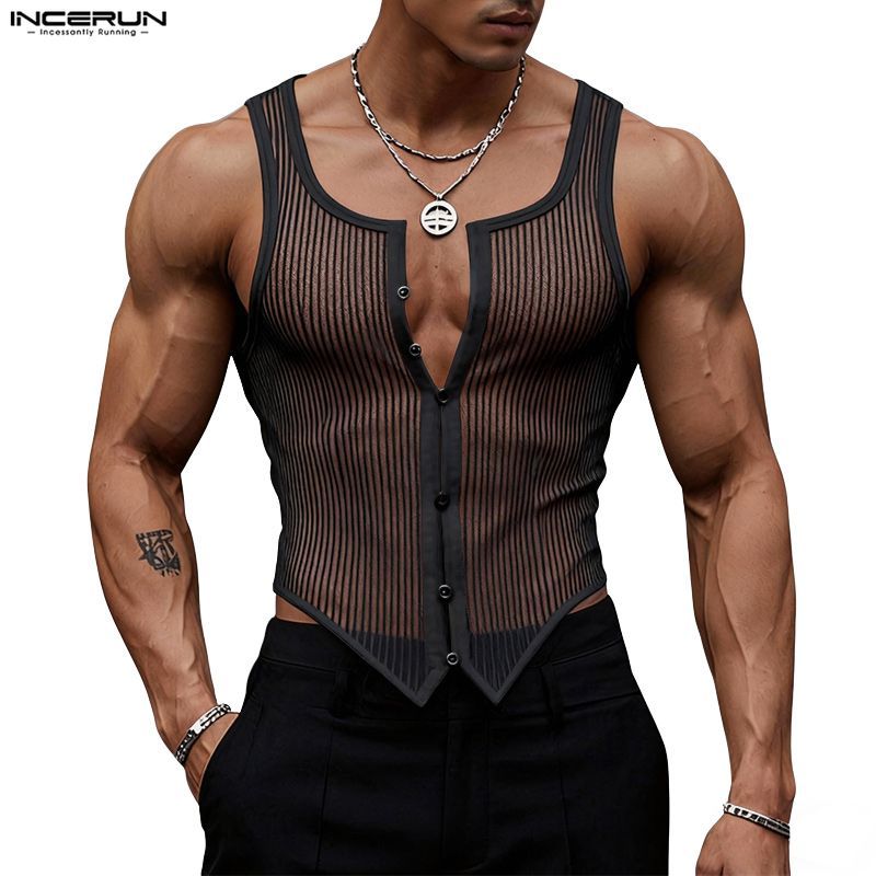 _INCERUN ซีทรูเสื้อกั๊ก คอปกรูปหัวใจ ลายทาง สไตล์ทันสมัย_