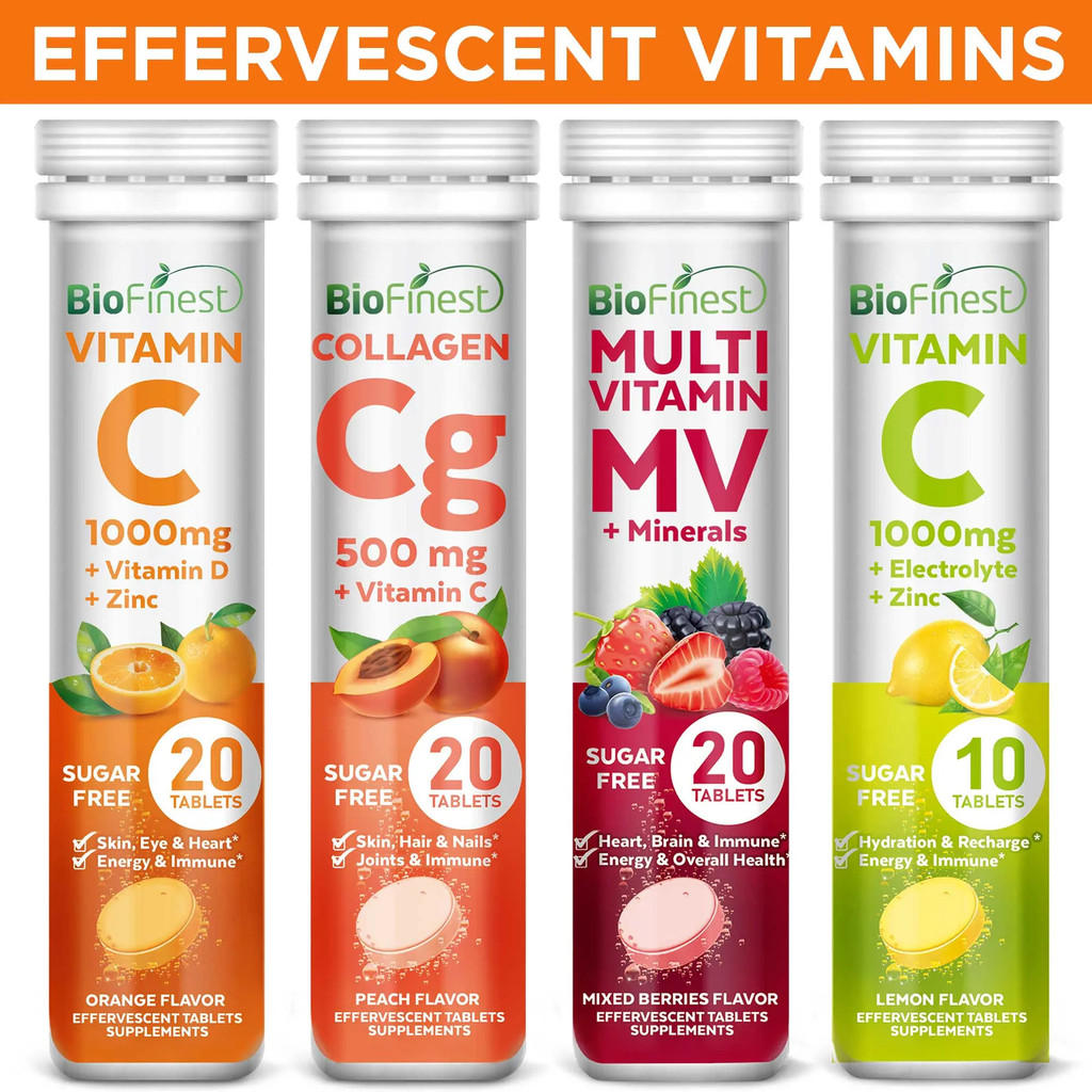Biofinest Effervescent Vitamin C 1000mg Supplement - Collagen, B, C, D, E Vitamins, Electrolytes, Ca