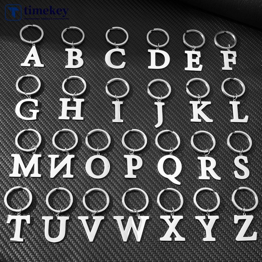 TIMEKEY AZ 26 ตัวอักษรภาษาอังกฤษพวงกุญแจสีเงิน DIY ตัวอักษรพวงกุญแจแหวนพวงกุญแจโลหะเรียบง่ายสําหรับผ